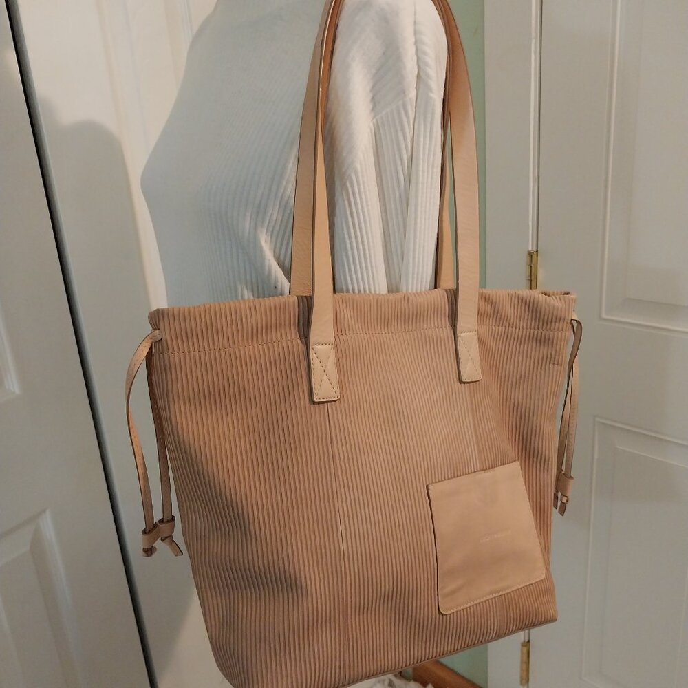 3357 Large Lucky Brand Leather and Corduroy Tote Bag. - Picture 1 of 9